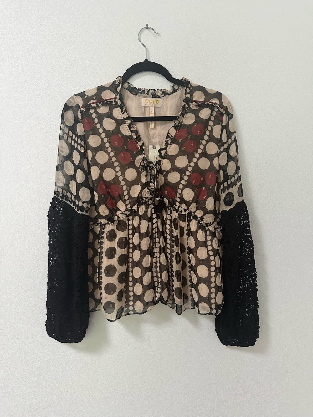 Anthropologie Verb Pallavi Singhee Polka Dot Crochet Sleeve Blouse Small NWT